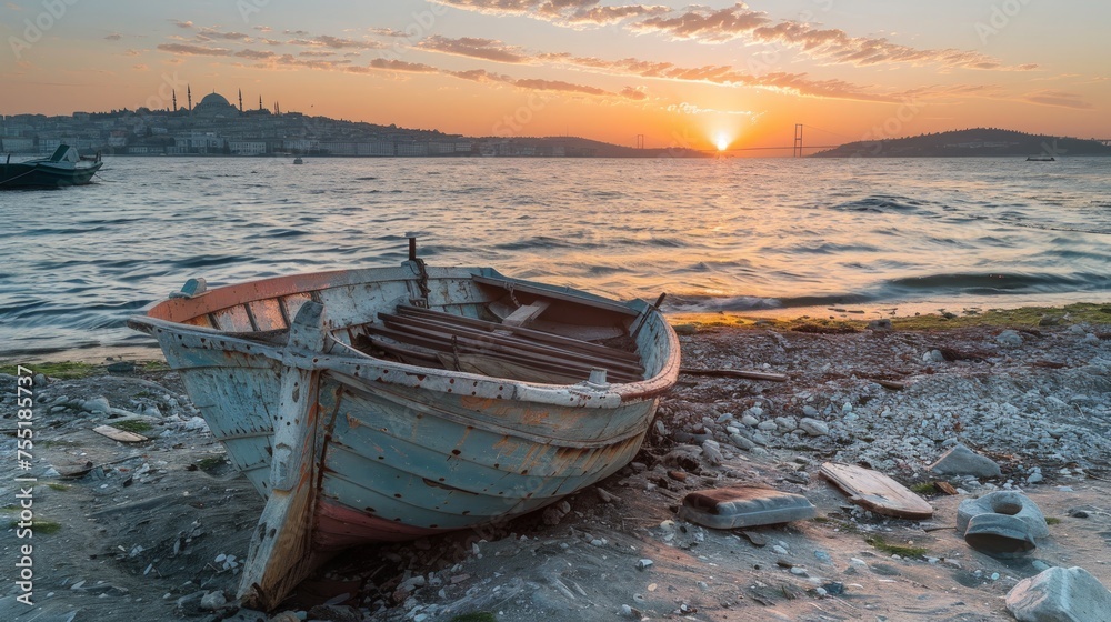 close-up photo of an abandoned rotten wooden ship stranded on the beach. AI generated
