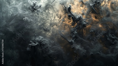 Slick, metallic gray smoke swirling on a dark, industrial background, lit by cold ground light.