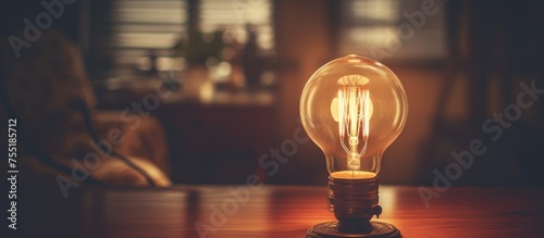 A vintage-style light bulb is positioned on top of a wooden table, casting a warm glow in the room. The simplicity of the scene highlights the rustic charm of the setting.