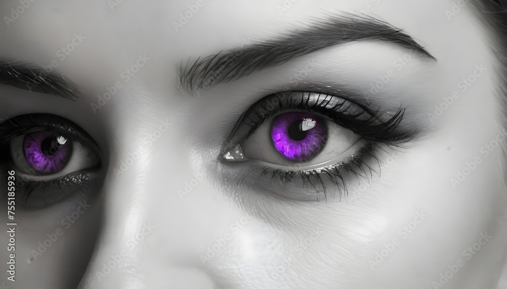 Black and white artwork, close-up of purple eyesof a blonde girl Black and white artwork, close-up of purple eyesof a blonde girl