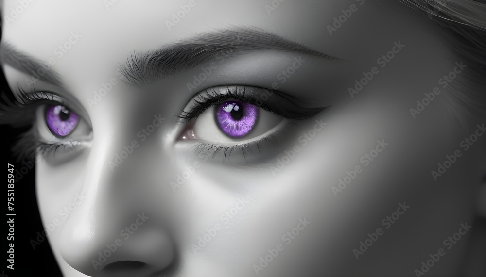 Fototapeta premium Black and white artwork, close-up of purple eyesof a blonde girl 