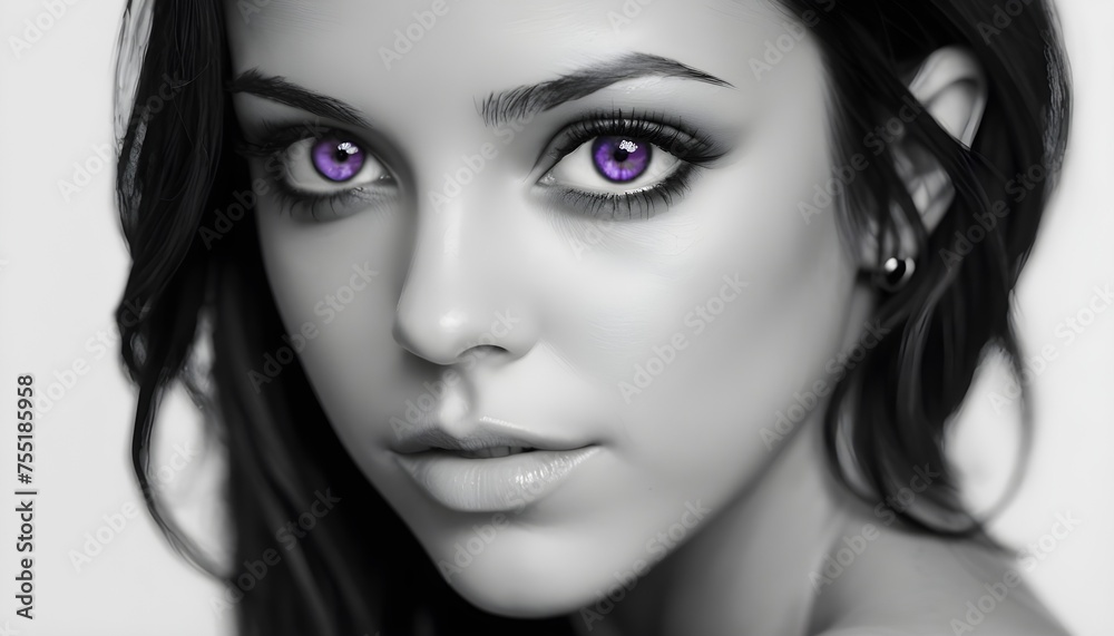 Black and white artwork, close-up of purple eyesof a blonde girl 