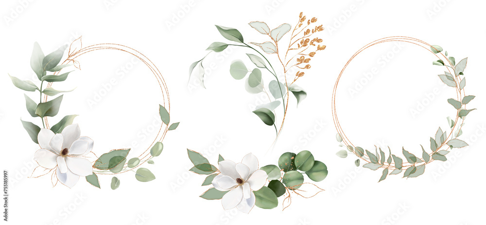 Watercolor wreath set with white roses, magnolia, eucalyptus branches. Floral frame with gold splashes, leaf for wedding greetings. Flower greenery composition. Hand painted spring Botanical bouquet