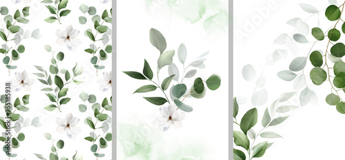 Watercolor floral set with branches, eucalyptus, olive, tropical green leaves, spots. Green card for wedding invitation. Frames of green leaves. Botanical elements for floral leaf background design. © Olga.And.Design