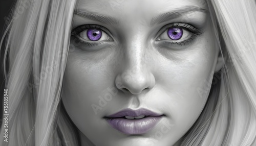Black and white artwork, close-up of purple eyesof a blonde girl 