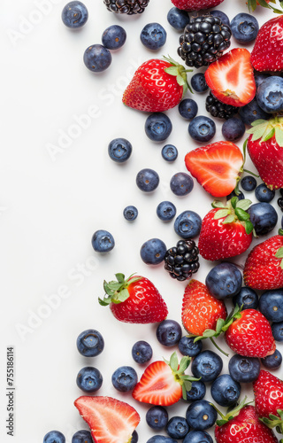 Fresh berries, strawberries blueberries blackberries and raspberries on white background top view copy space