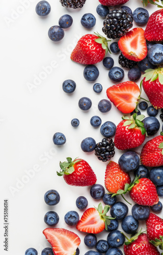 Fresh berries  strawberries blueberries blackberries and raspberries on white background top view copy space