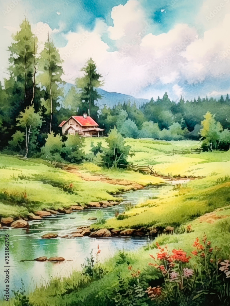 Summer watercolor background. A landscape with blue clouds, green grass and a meadow, a small rural house in the forest next to the river.