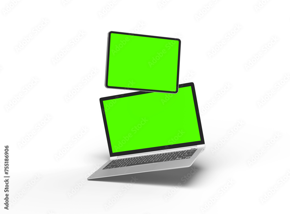 3d render of laptop and tablet with green screen on a light background 3d render of laptop and tablet with green screen on a light background