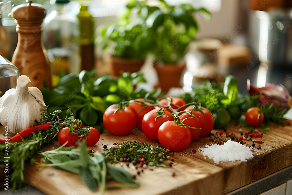 a wooden cutting board with tomatoes , garlic , and other vegetables on it
