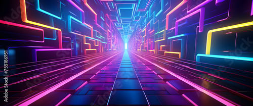 a colorful neon tunnel sticker with some neon lights, in the style of rendered in unreal engine, i can't believe how beautiful this is, geometric shapes & patterns, immersive environments, captivating #755186951