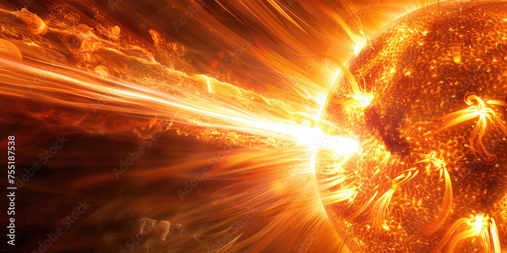 Fototapeta premium Stellar Solar Flare. Close-up representation of a solar fire flare on the sun surface, radiant with energy, copy space.