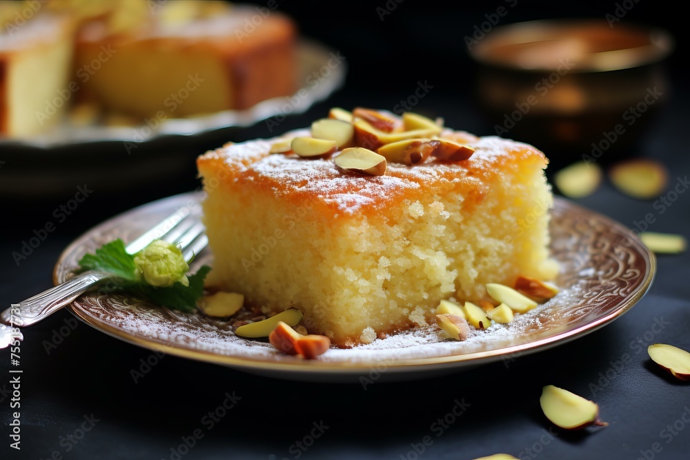 Sweet Semolina cake honey spoon. Tasty sweet pastry bakery sugar. Generate Ai Sweet Semolina cake honey spoon. Tasty sweet pastry bakery sugar. Generate Ai