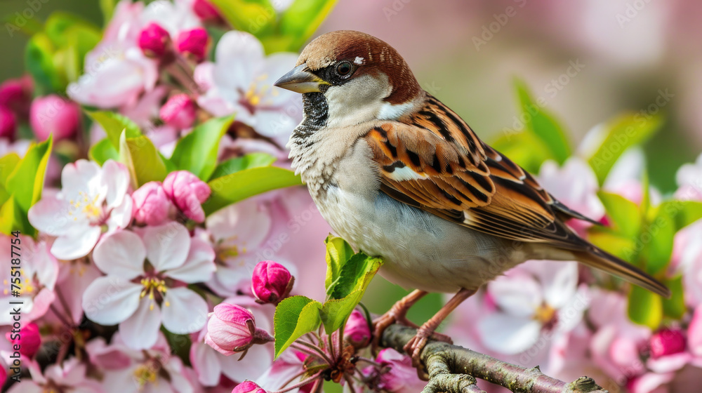 Small brown bird is perched on branch of pink tree Small brown bird is perched on branch of pink tree