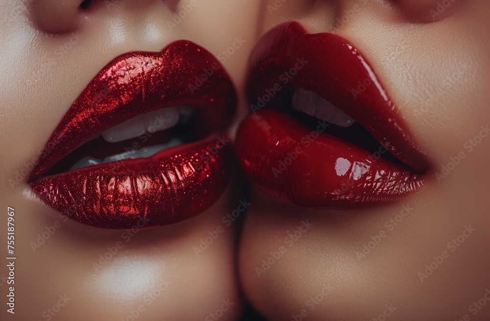 Obraz premium Closeup of two womens lips adorned with red lipstick