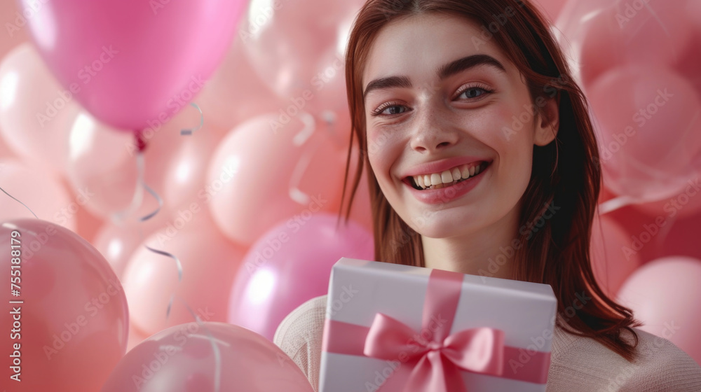 Woman is holding white box with pink ribbon and smiling Woman is holding white box with pink ribbon and smiling