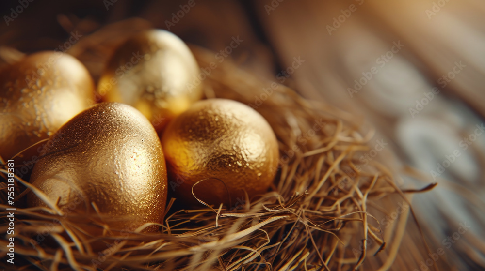 Nest of gold eggs sits on wooden surface Nest of gold eggs sits on wooden surface