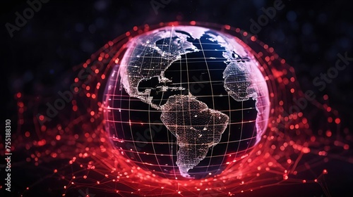 Digital globe surrounded complex network of lines dots. Bright white light outlines continents against dark background. Vibrant red network symbolizes global connectivity or digital grid