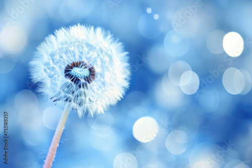 Dandelion is main focus of image  with blue background