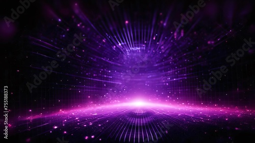 Abstract purple light explosion digital energy pattern space future design bright motion dynamic speed illumination radiance particles dots grid lines rays