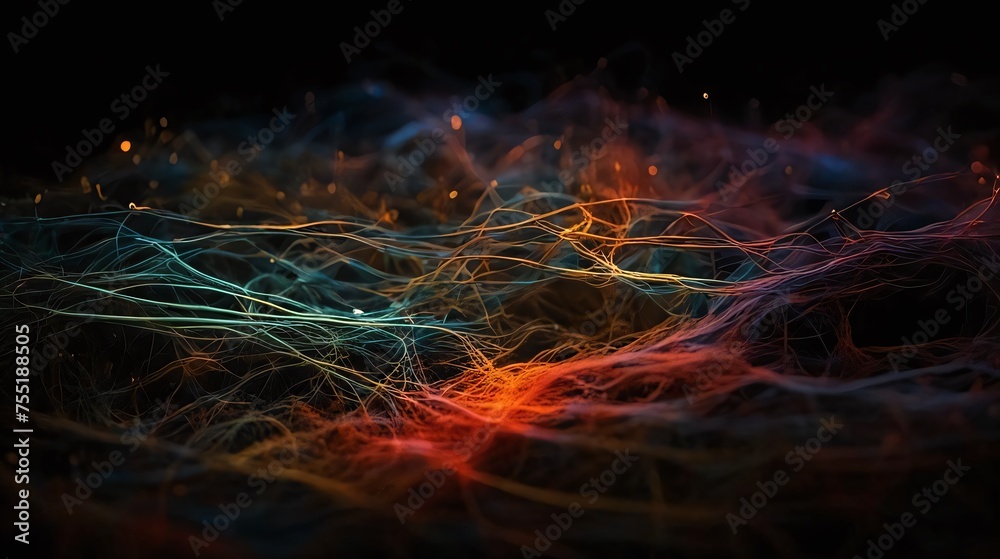 Abstract glowing fibers create a network of energy in dark space. The design is futuristic with a sense of depth and motion. digital and represents technology and complexity - obrazy, fototapety, plakaty 