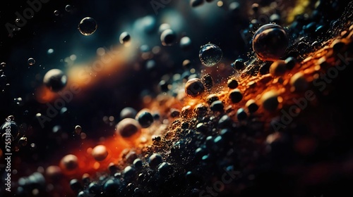 Dynamic liquid motion captured in a macro shot with a rich golden color palette against a dark background. The image shows energy and movement with sparkling light reflections on the droplets