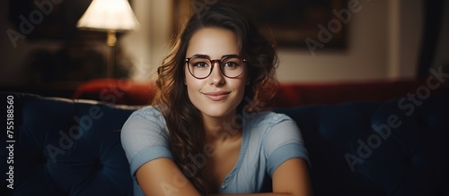 A charismatic young woman wearing glasses leans over the back of a sofa, giving a wry smile as she looks at the camera. photo