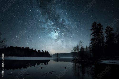 a tranquil night landscape with a starry sky, the Milky Way, a reflective lake, and silhouetted trees. It’s serene and awe-inspiring