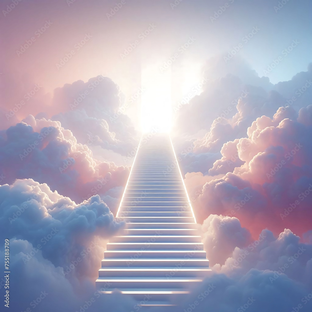 Stairway to Heaven. Surreal ethereal scene white staircase leading bright light amidst fluffy clouds dreamlike atmosphere tranquil enigmatic spirituality ascension.
