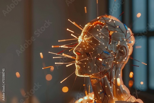 An AI-generated image depicting a patient receiving acupuncture treatment, with needles inserted at specific points on the body. photo