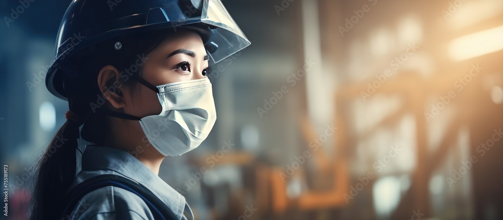 An Asian female engineer is seen wearing a protective face mask and a hard hat at a factory. She is focused on ensuring her safety while working in an industrial setting amidst the Coronavirus An Asian female engineer is seen wearing a protective face mask and a hard hat at a factory. She is focused on ensuring her safety while working in an industrial setting amidst the Coronavirus