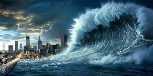 Monumental Wave Crashing into a Modern Cityscape at Night with Lightning Storm