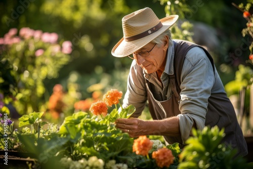 Experienced Senior gardener pruning flowers in garden. Elderly man cutting blooming plants in backyard. Generate Ai © juliars
