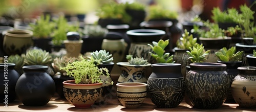 Several flowerpots containing houseplants, terrestrial plants, and grass are arranged on a table, creating a beautiful landscape for an outdoor event