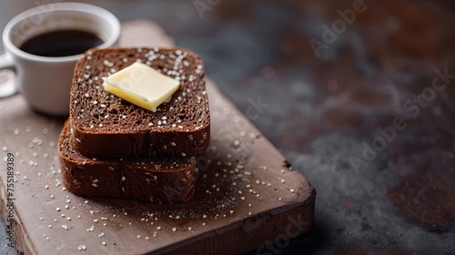 Morning breakfast with black bread and butter. Background concept