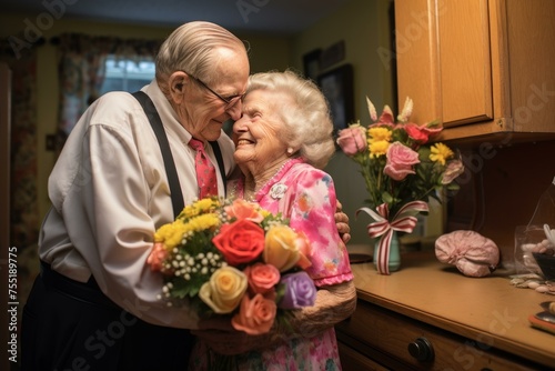 Romantic Senior man surprises wife with flowers. Happy romantic couple on valentines day. Generate Ai © juliars