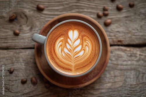 Top view of cup of coffee latte tree shape and coffee beans on old wooden background