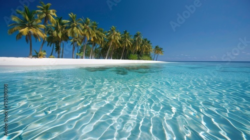 Tropical beach paradise with palm trees and crystal-clear water, evoking relaxation and vacation.