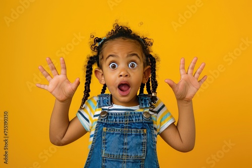 a surprised child with braided hair, wearing overalls, looking at the camera with a surprised expression and hands in the air. Solid background. photo
