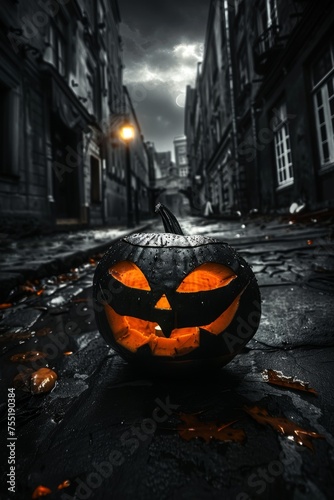 Spooky pumpkin lit in darkness