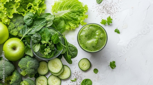 Farm to table abundance concept. Different types of fresh green vegetables and fresh green smoothie in  glass cup on white background, copy space. Health, vitamins and healthy lifestyle. Generative ai