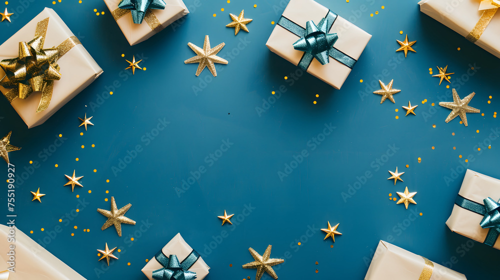 christmas presents for product presentation on a blue background with extra copy space christmas presents for product presentation on a blue background with extra copy space