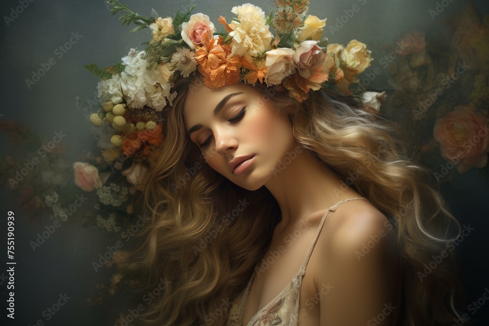 Peaceful Serene woman flower crown. Crown model hair beauty face. Generate Ai