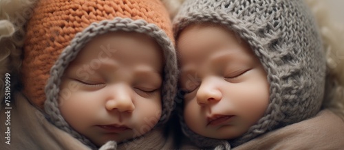 Two newborn babies with knitted caps are peacefully sleeping next to each other, their tiny noses, cheeks, and eyebrows visible under the soft fabric