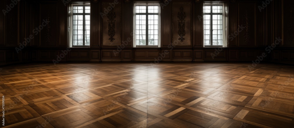An empty room with a wooden floor featuring a square pattern parquet design and three windows letting in natural light. The room appears spacious and uncluttered,