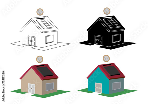 Ahorro para la hipoteca. Casa hucha en diferentes tonos y moneda de euro. Energía sostenible