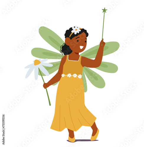 Black Child Character In Delicate Fairy Costume with Wand and Flower. Little Girl Radiates Enchantment With Green Wings © Hanna Syvak