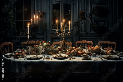 Elegant Served table dinner. View family home. Generate Ai