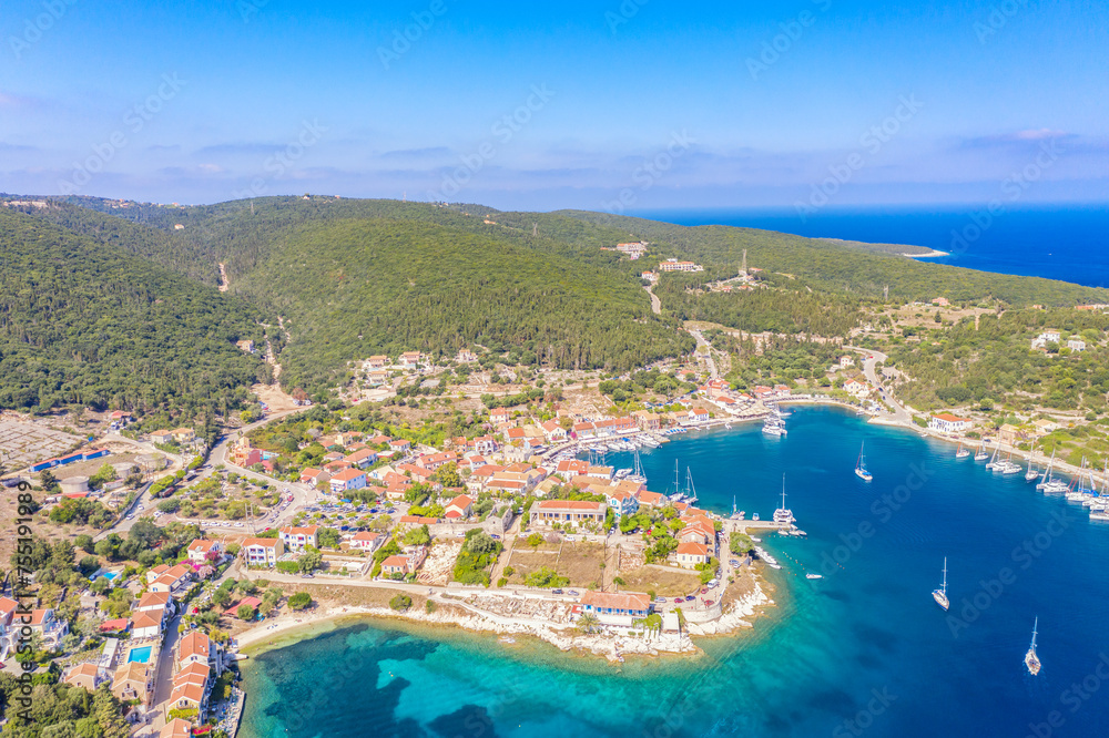 Φωτογραφία Aerial drone view of Fiscardo village port with luxury boats and yachts on Kefalonia island, Greece