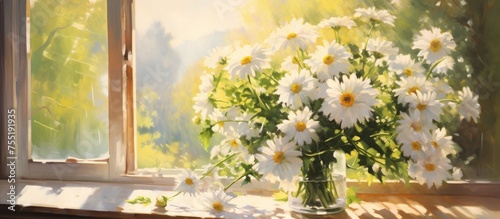 A large bouquet of daisies fills a silver vase, set on a windowsill bathed in evening sunlight. The background features lush green leaves, creating a cozy and warm interior ambiance.